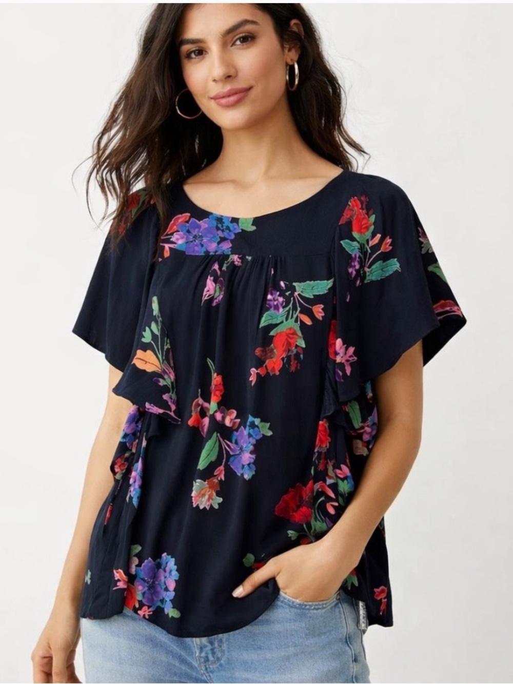 Mauve Black Floral Flutter Sleeve Top